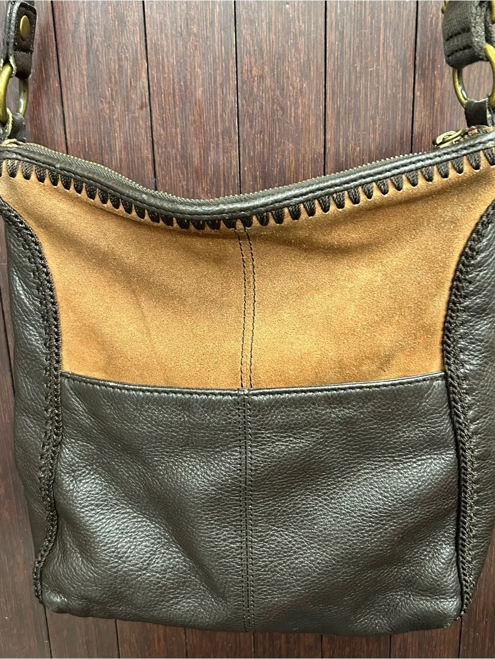 The Sak Leather Suede Crossbody Bag Boho Woven Striped Pocket Brown